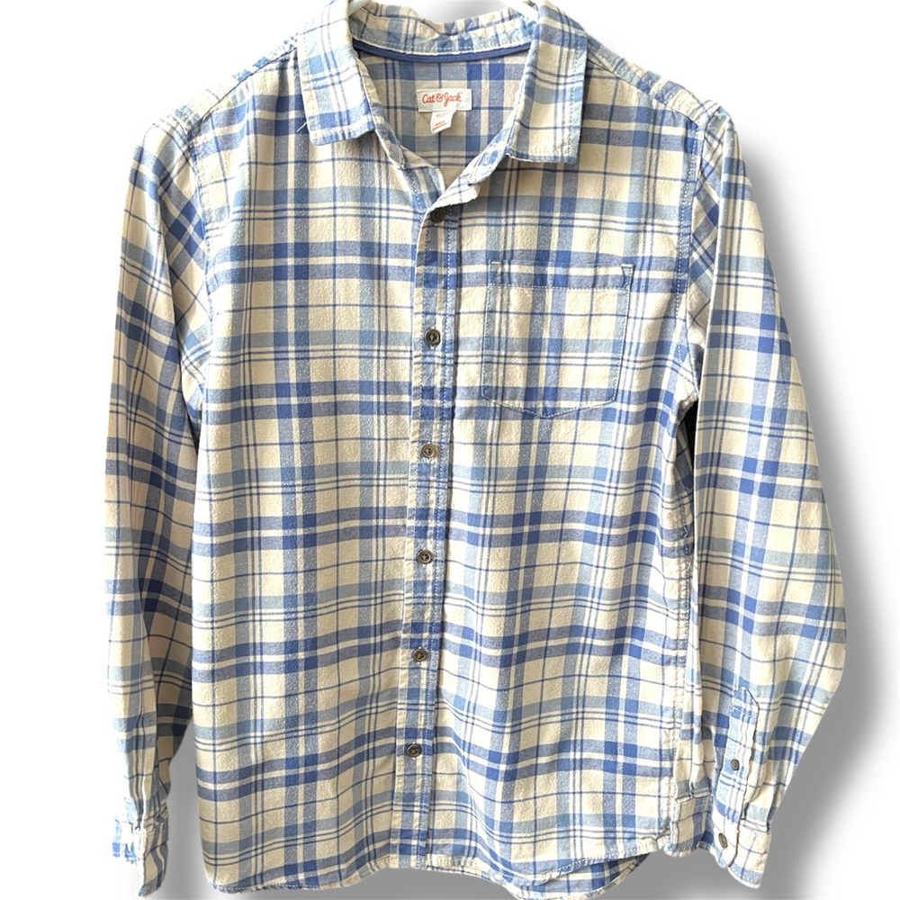 Boys Plaid Flannel Button-down Shirt Blue and Cream Size XL 16